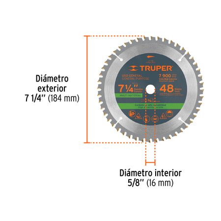 Disco sierra 7-1/4" multimaterial 60 dientes centro 5/8"