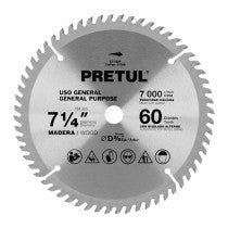 Disco sierra 7-1/4" p/madera 60 dientes centro 5/8" Pretul