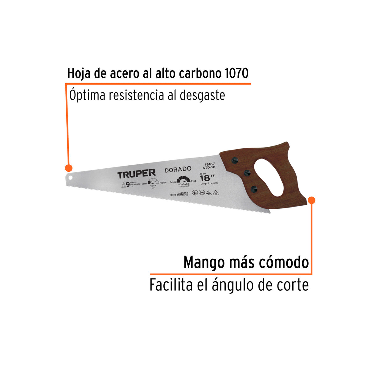 Serrucho 18' Dorado, 9 DPP, Truper 18', 9 DPP