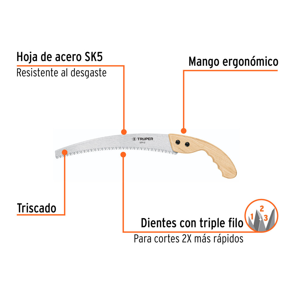 Serrucho de poda 12',hoja curva,6 DPP, mango madera, TRUPER 12', 6 DPP