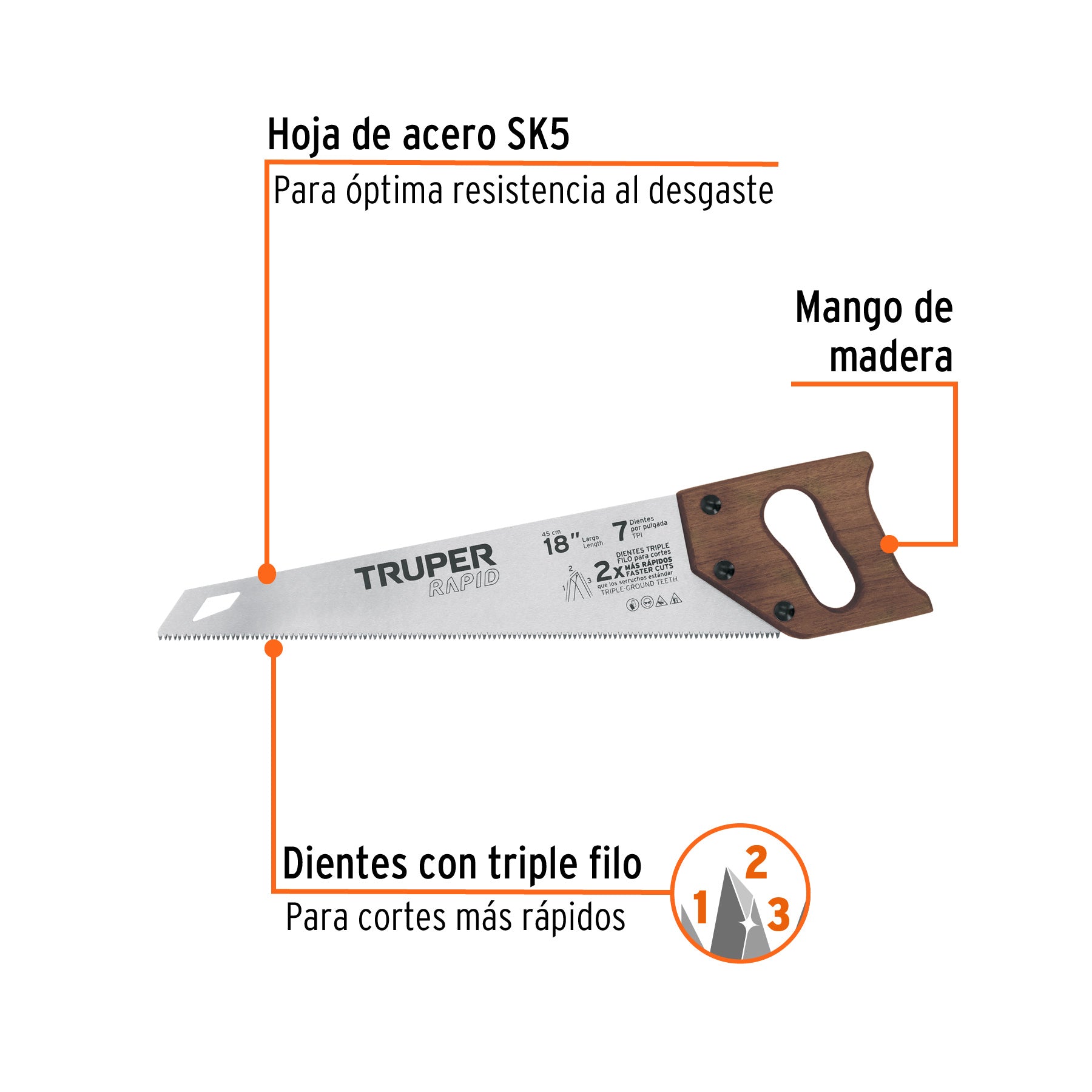 Serrucho Rapid 18', 7 DPP, mango de madera, Truper