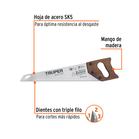 Serrucho Rapid 18', 7 DPP, mango de madera, Truper