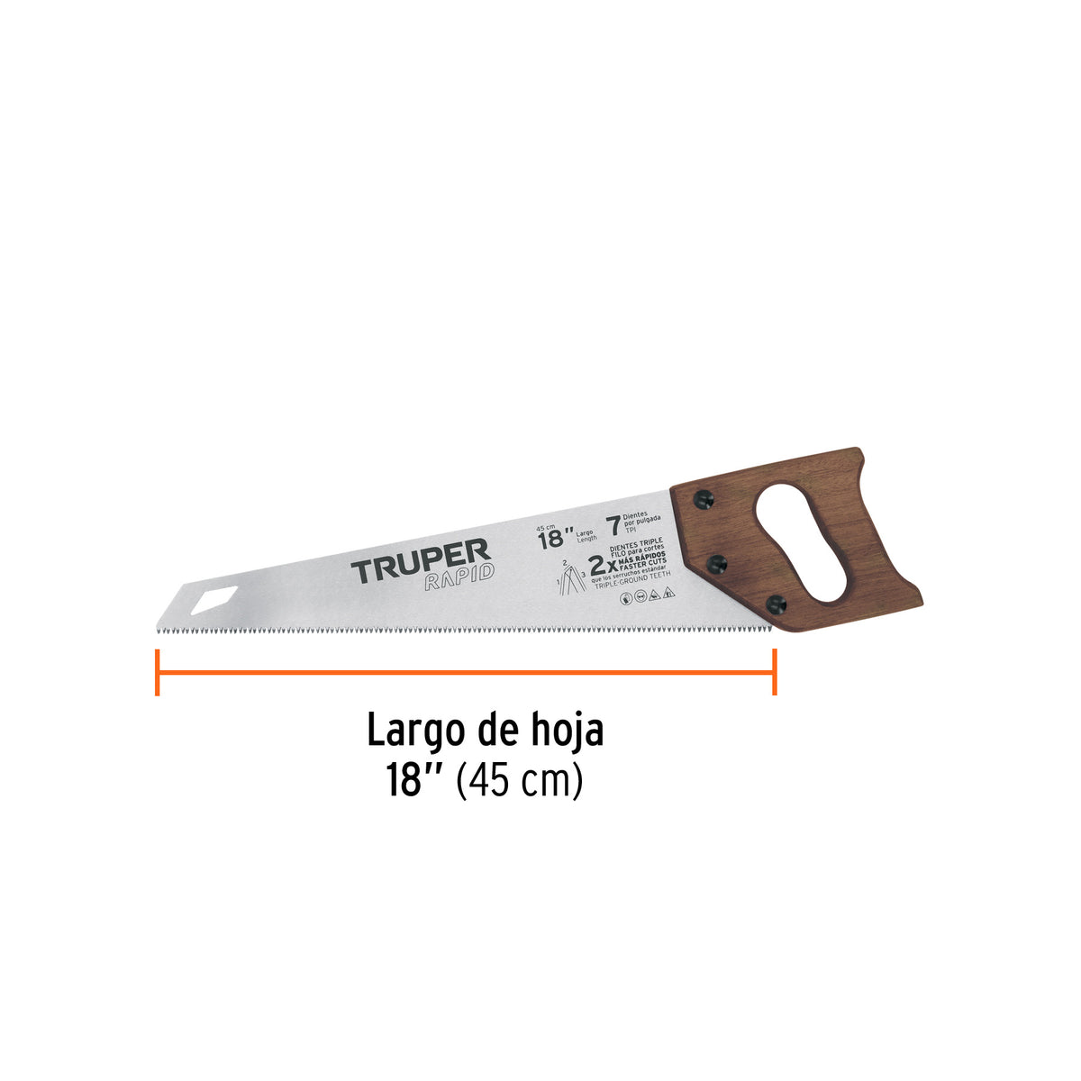 Serrucho Rapid 18', 7 DPP, mango de madera, Truper