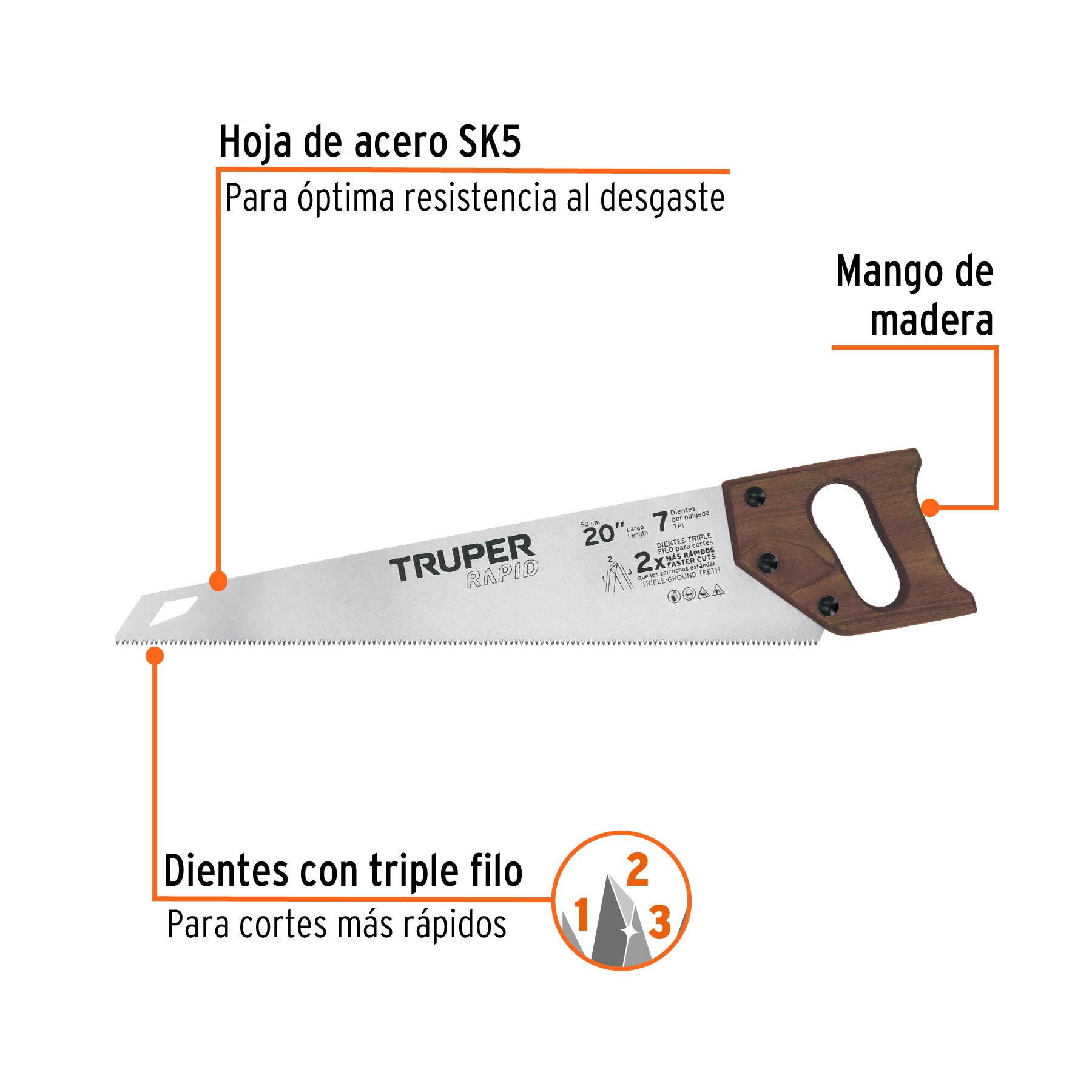 Serrucho Rapid 20', 7 DPP, mango de madera, Truper