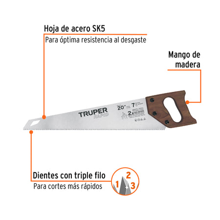 Serrucho Rapid 20', 7 DPP, mango de madera, Truper