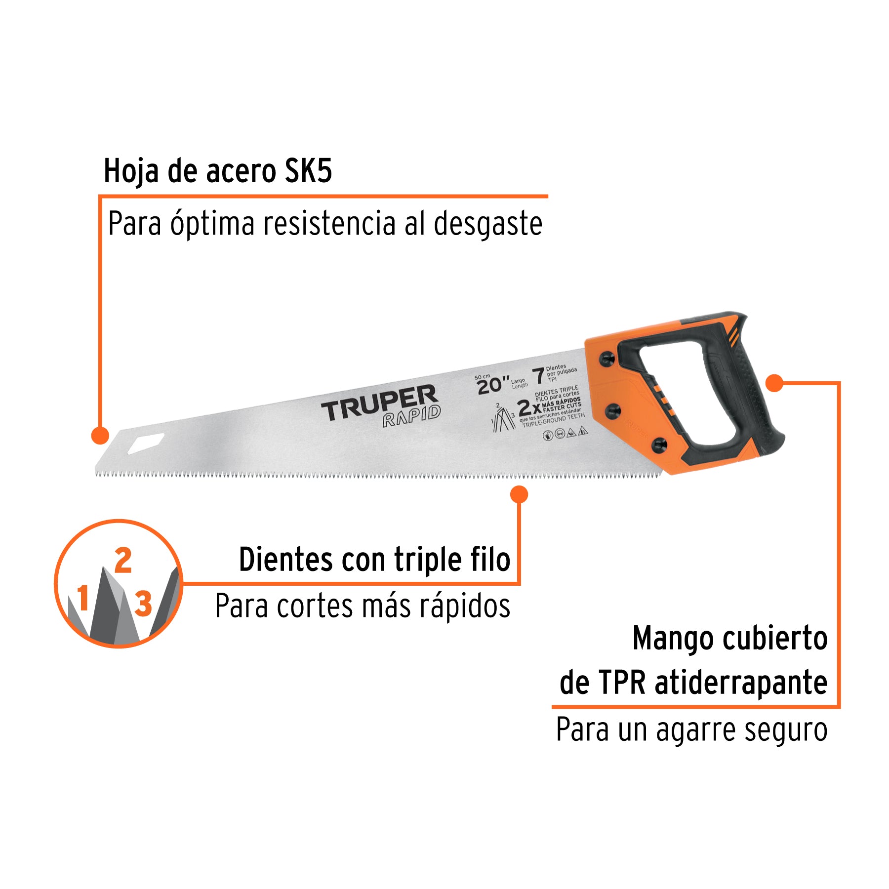 Serrucho Rapid 20', 7 DPP, mango Comfort grip, Truper