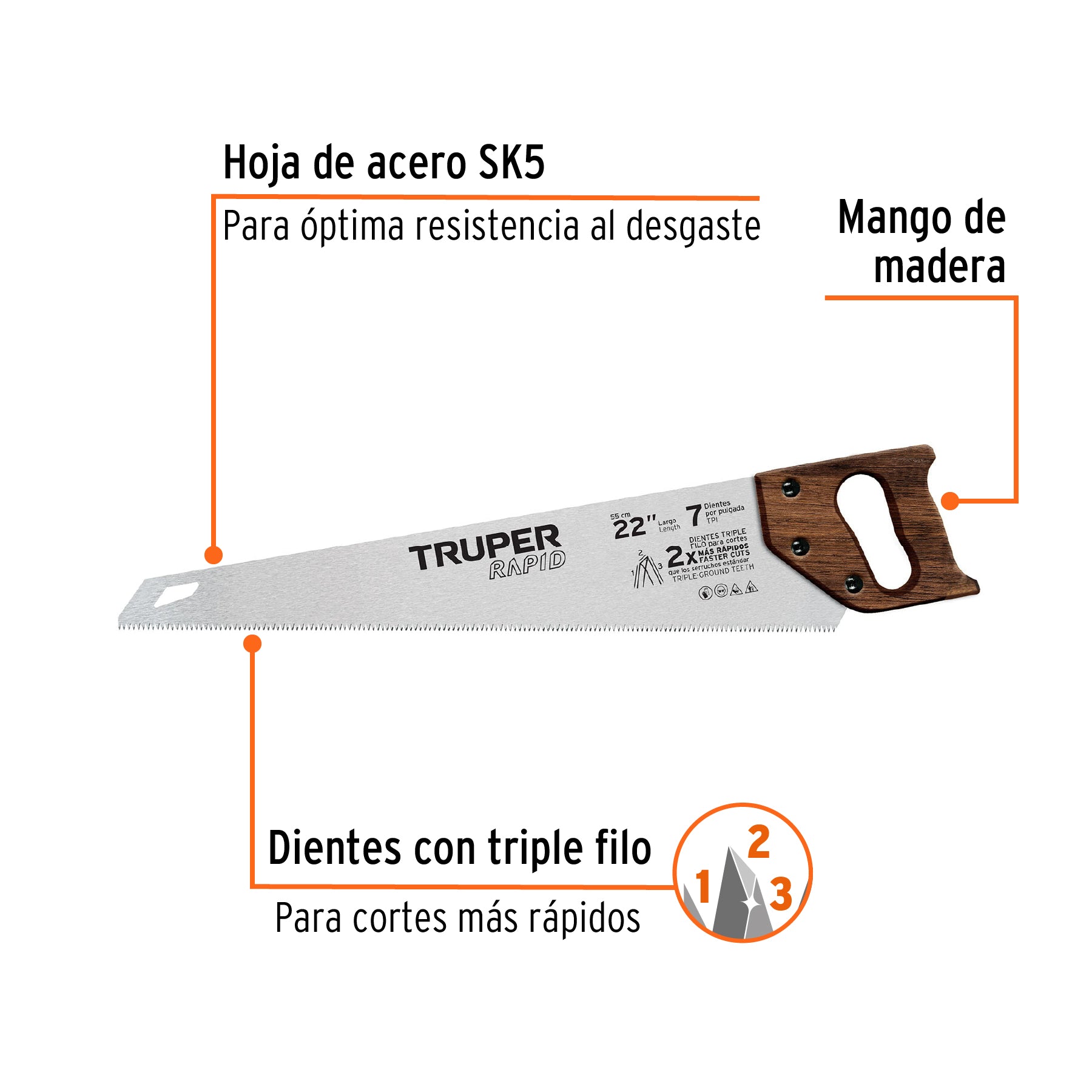 Serrucho Rapid 22', 7 DPP, mango de madera, Truper