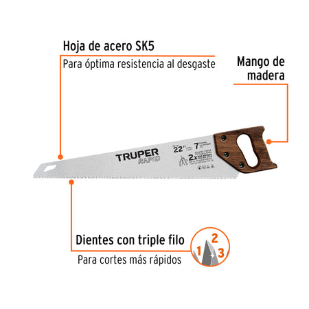 Serrucho Rapid 22', 7 DPP, mango de madera, Truper