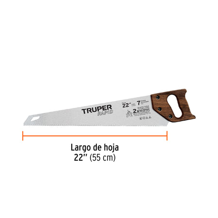Serrucho Rapid 22', 7 DPP, mango de madera, Truper