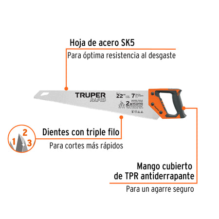 Serrucho Rapid 22', 7 DPP, mango Comfort grip, Truper