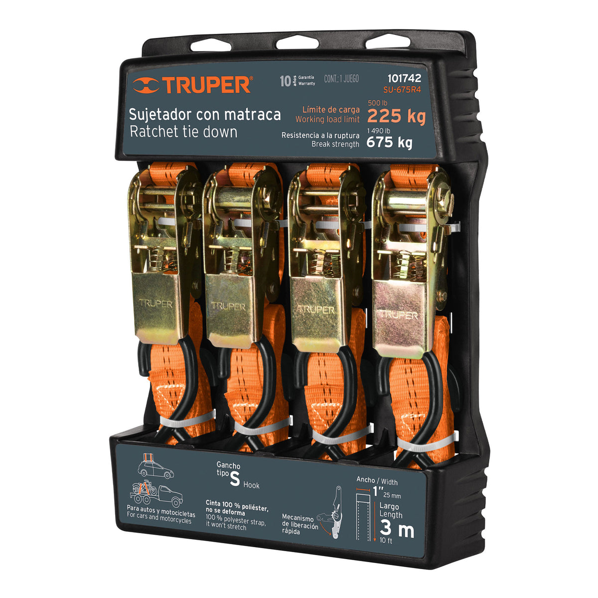 Juego de 4 sujetadores con matraca carga maxima 675 kg