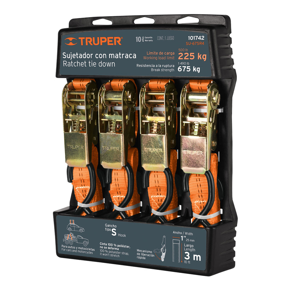 Juego de 4 sujetadores con matraca carga maxima 675 kg