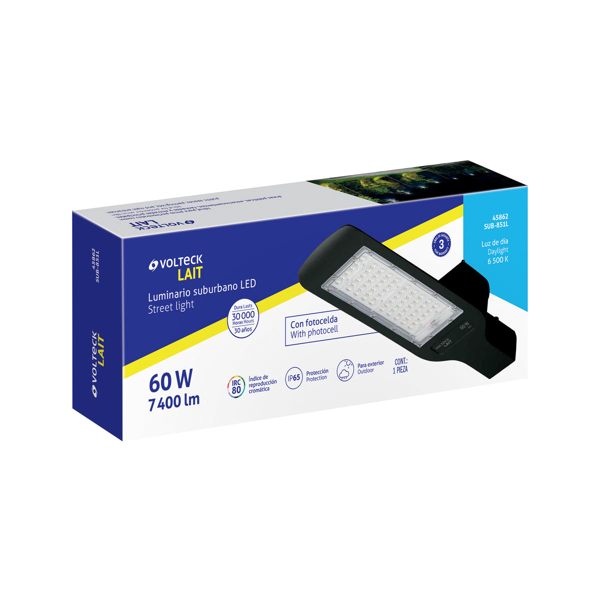 Luminario suburbano LED 60 W 6500 K, sensor de luz, VOLTECK