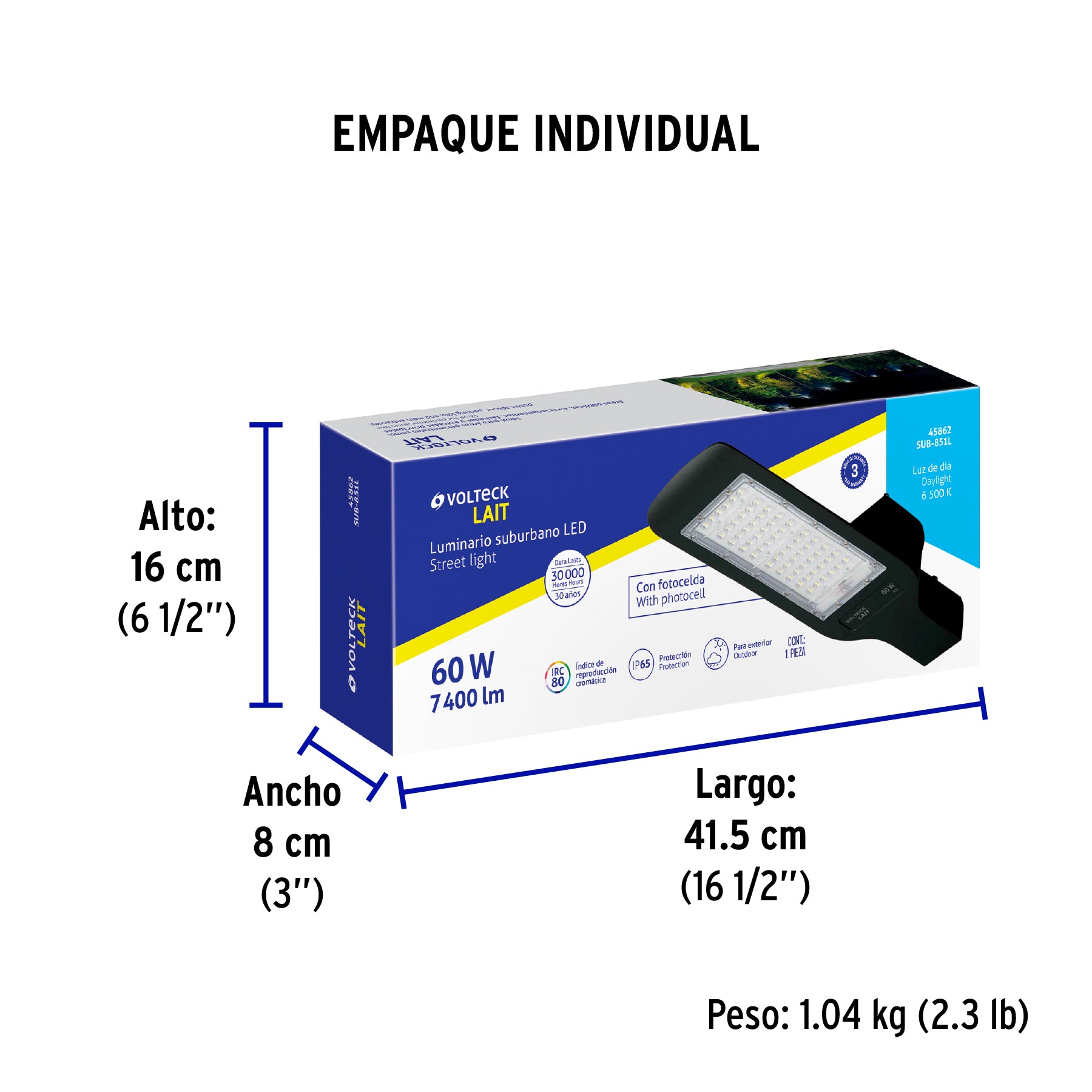 Luminario suburbano LED 60 W 6500 K, sensor de luz, VOLTECK