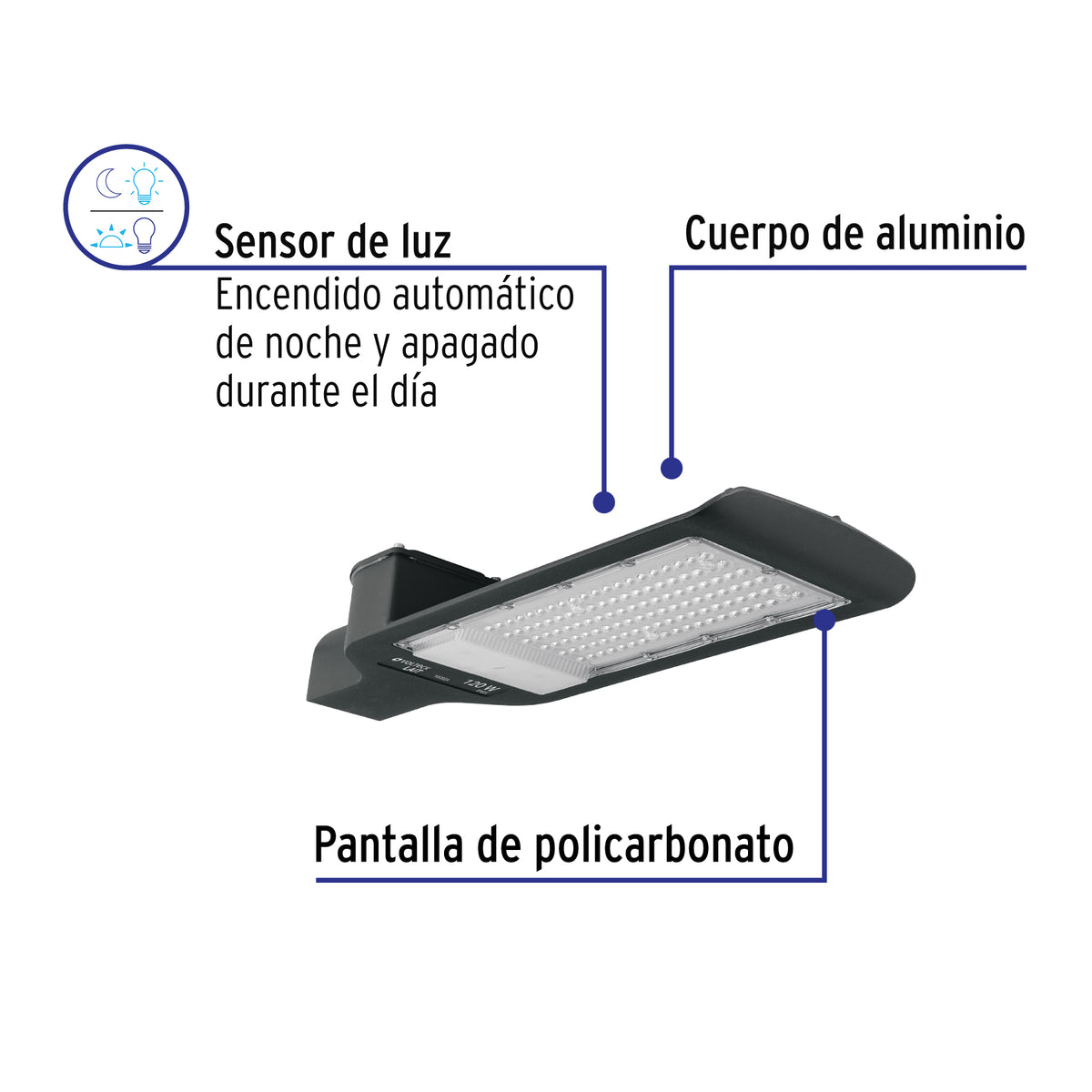 Luminario suburbano LED 120 W 6500 K, sensor de luz, VOLTECK