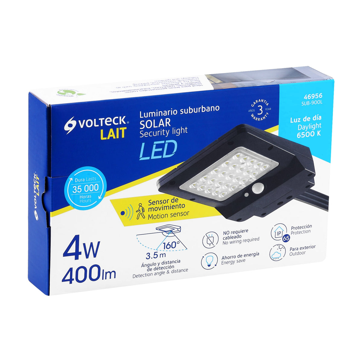 Luminario suburbano solar LED 4 W 6500 K con sensor de luz