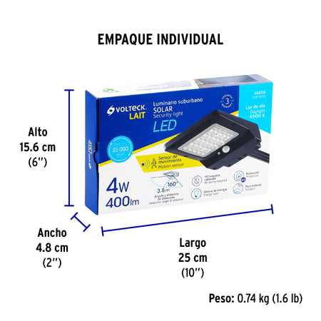 Luminario suburbano solar LED 4 W 6500 K con sensor de luz