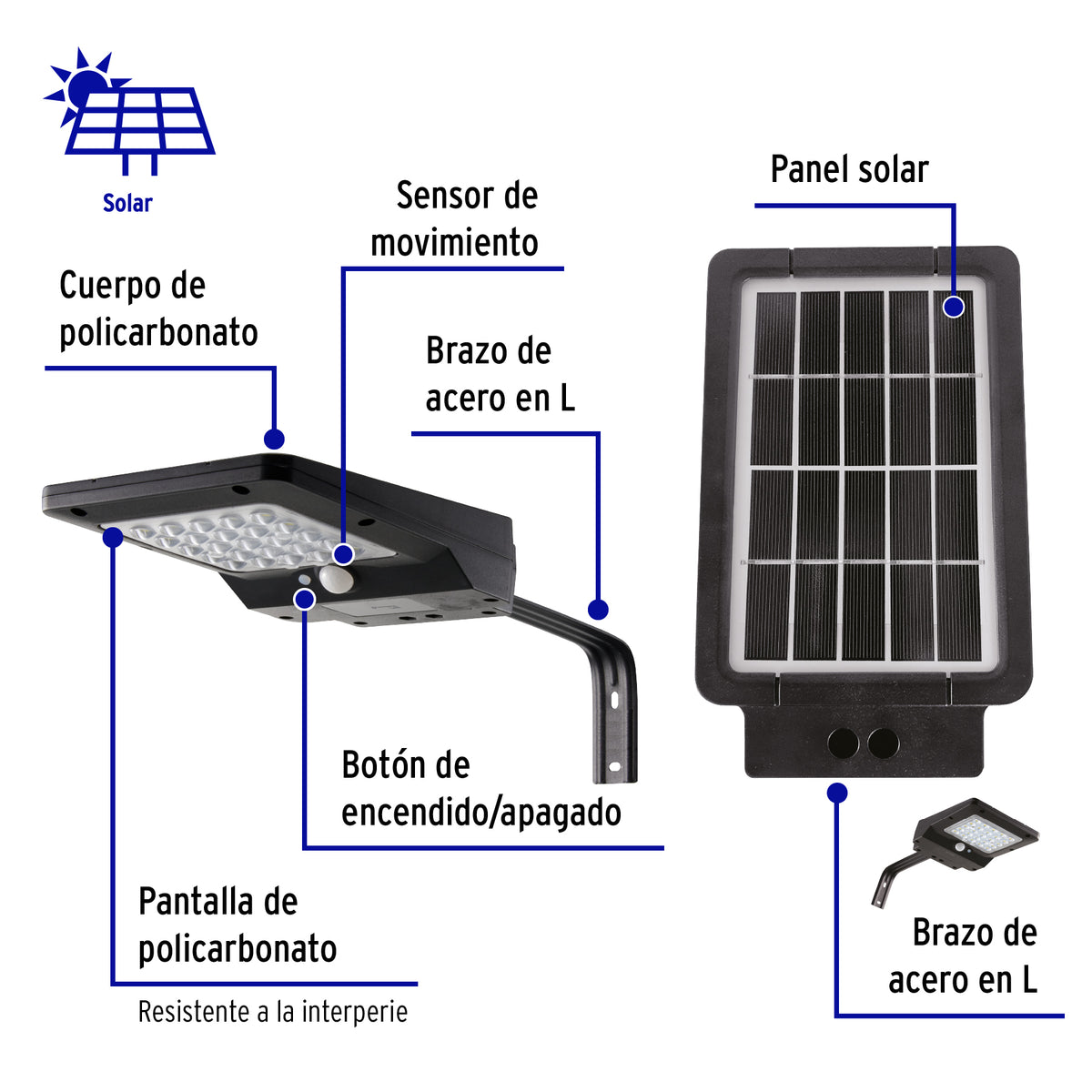 Luminario suburbano solar LED 4 W 6500 K con sensor de luz