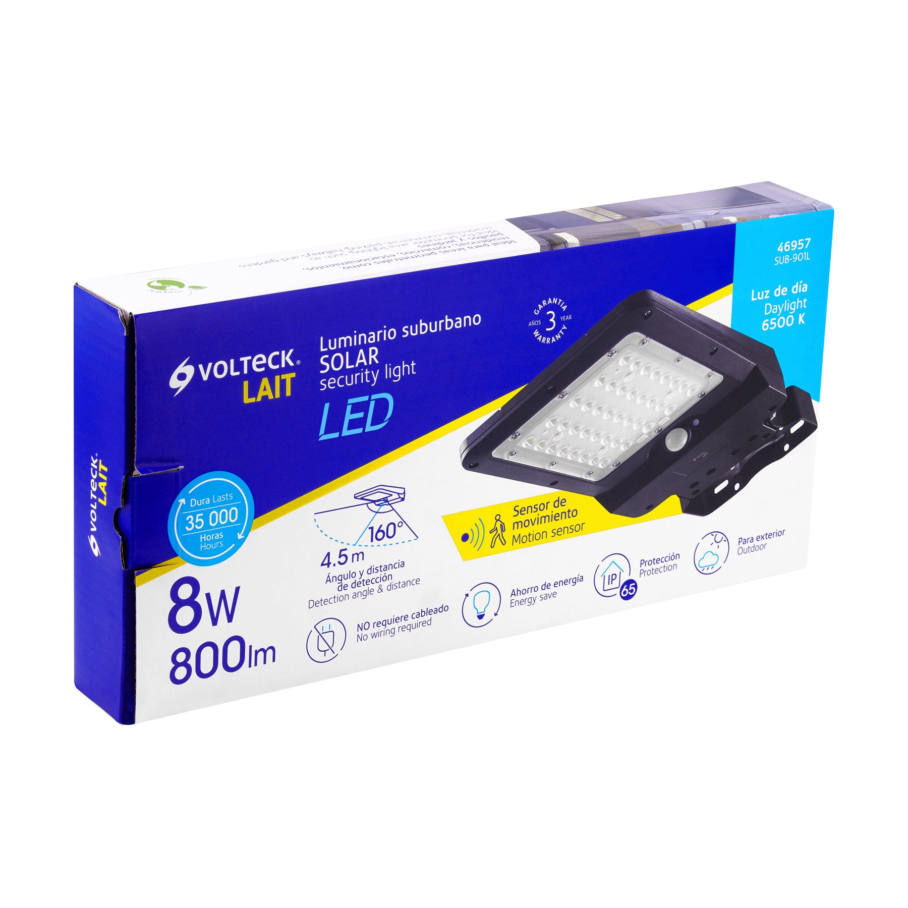 Luminario suburbano solar LED 8 W 6500 K con sensor de luz