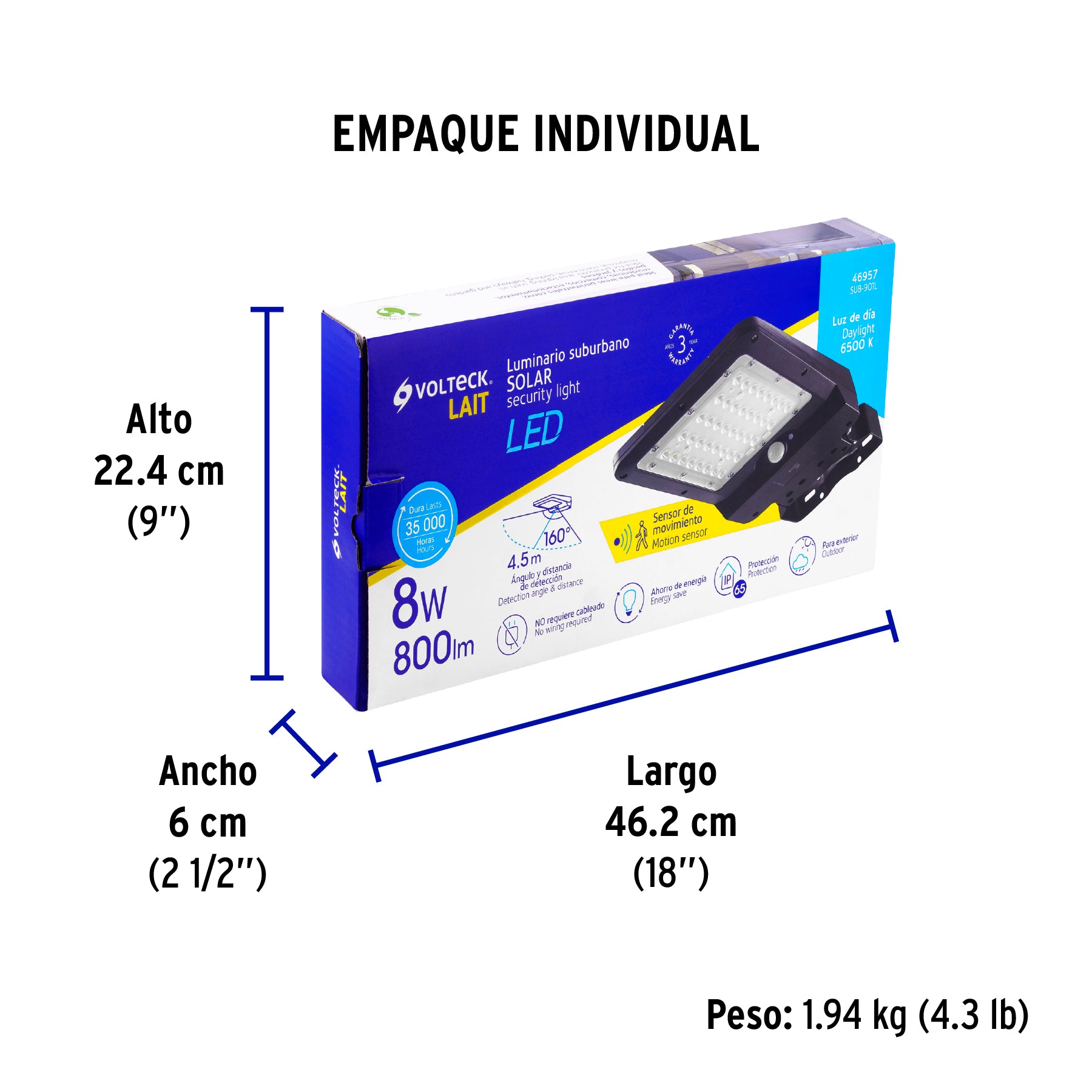 Luminario suburbano solar LED 8 W 6500 K con sensor de luz
