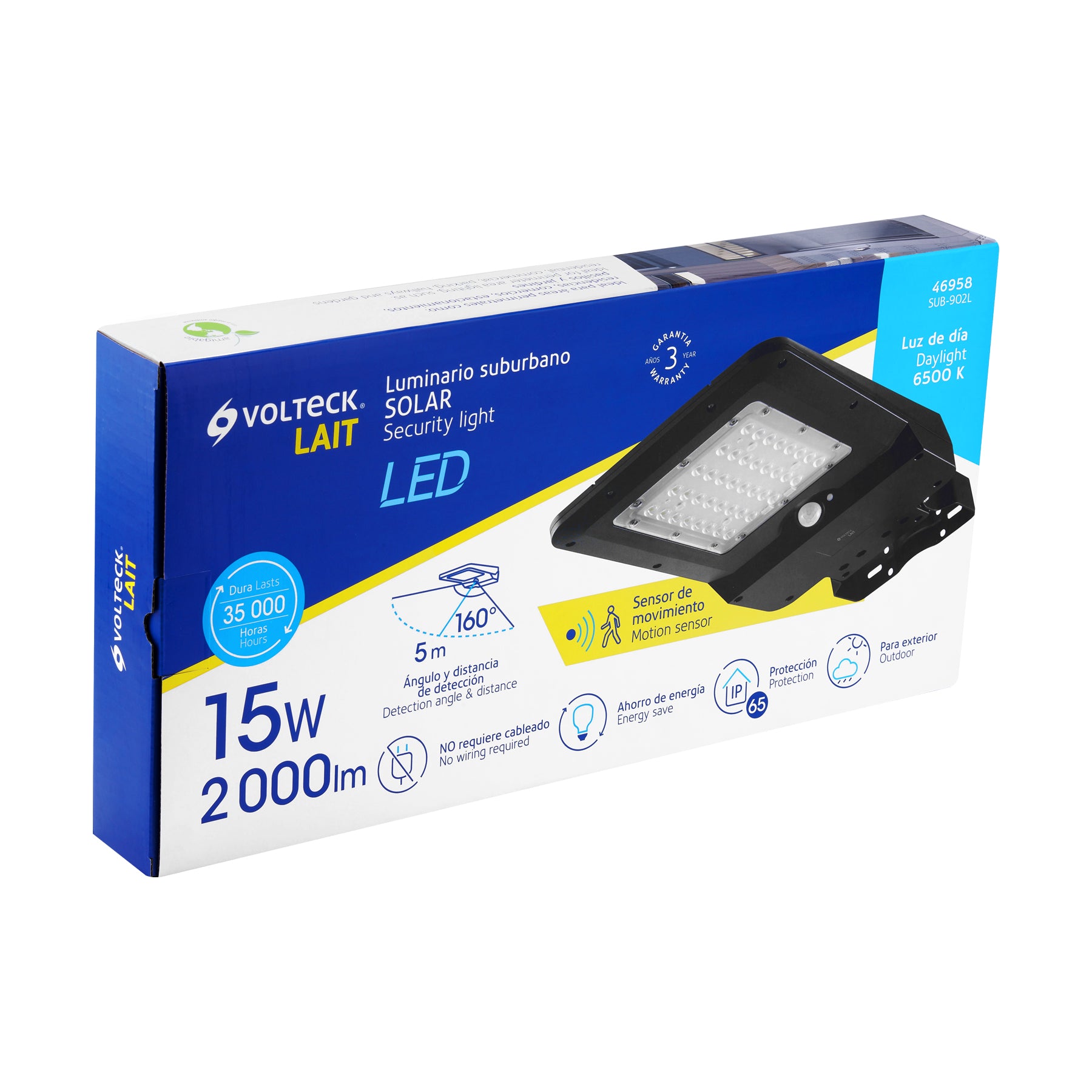 Luminario suburbano solar LED 15 W 6500 K con sensor de luz