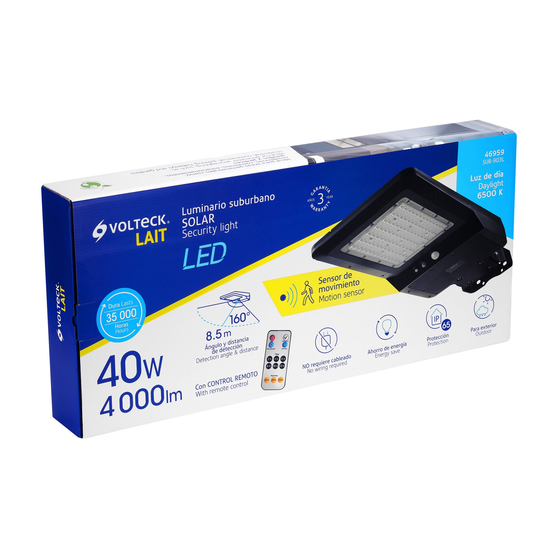 Luminario suburbano solar LED 40 W 6500 K con control remoto