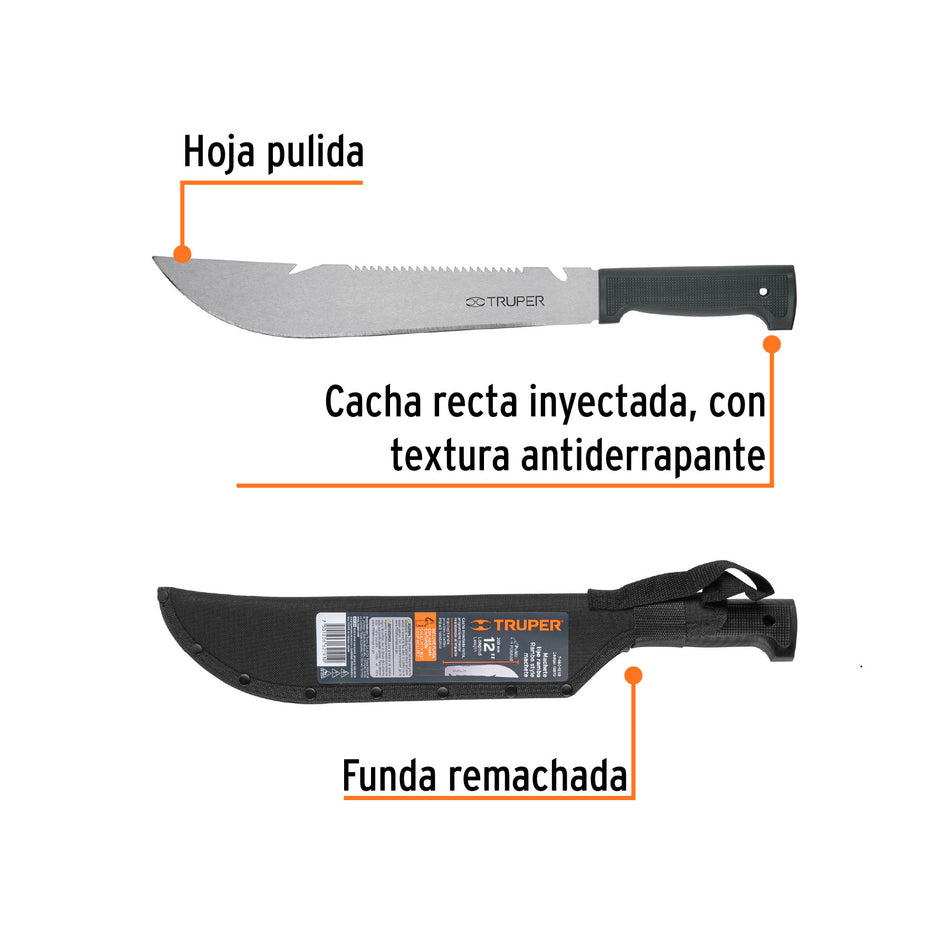 Machete rambo 12', cacha inyectada negra, con funda, TRUPER