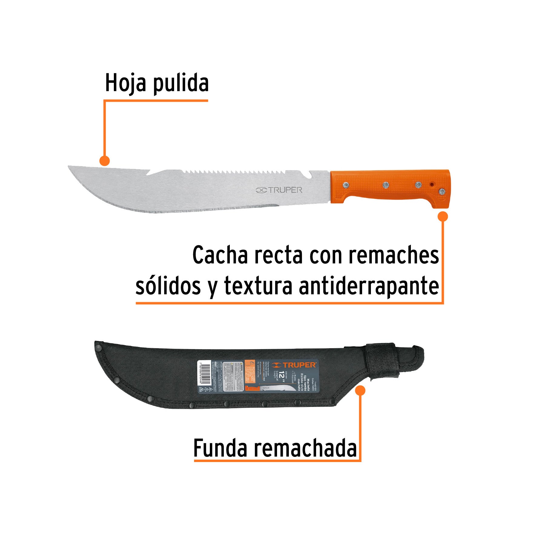 Machete rambo 12',cacha remachada naranja, con funda, TRUPER