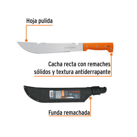 Machete rambo 12',cacha remachada naranja, con funda, TRUPER