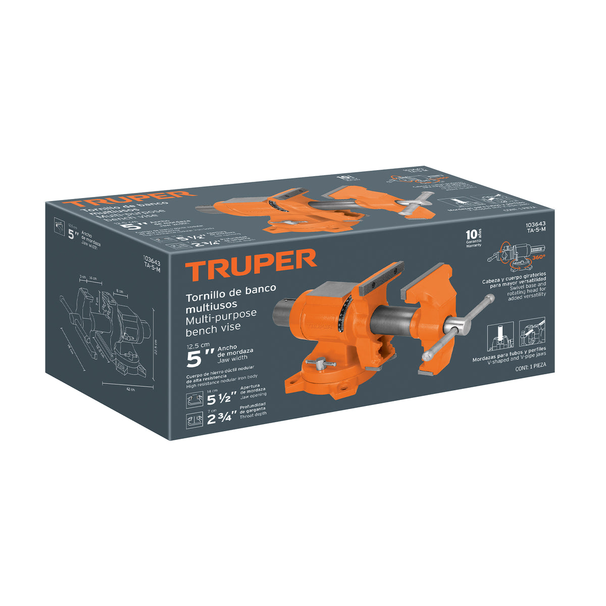Tornillo de banco 5" multiproposito de hierro ductil Truper