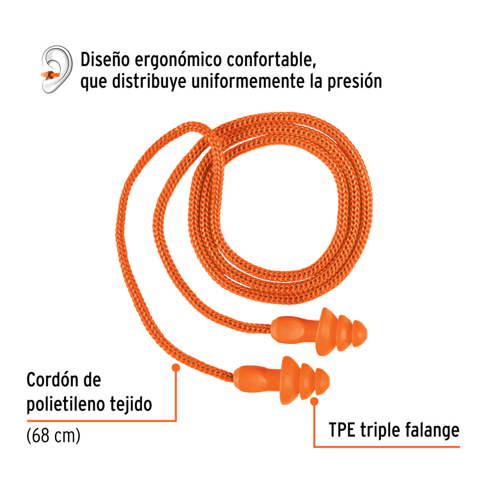 Tapón auditivo reutilizable con cordón y estuche, caja 50 pz