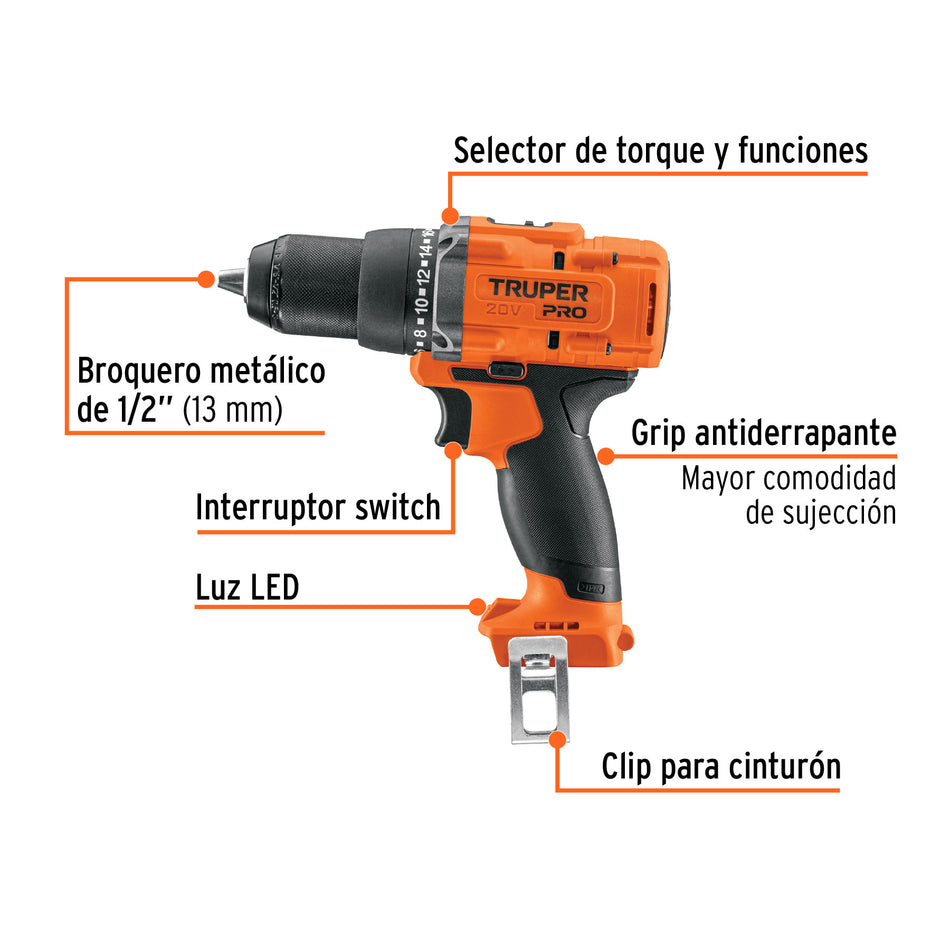 Taladro 1/2" 20V sin accesorios TRUPER PRO