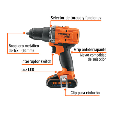 Taladro 1/2', 20V, 1 batería 2Ah, TRUPER