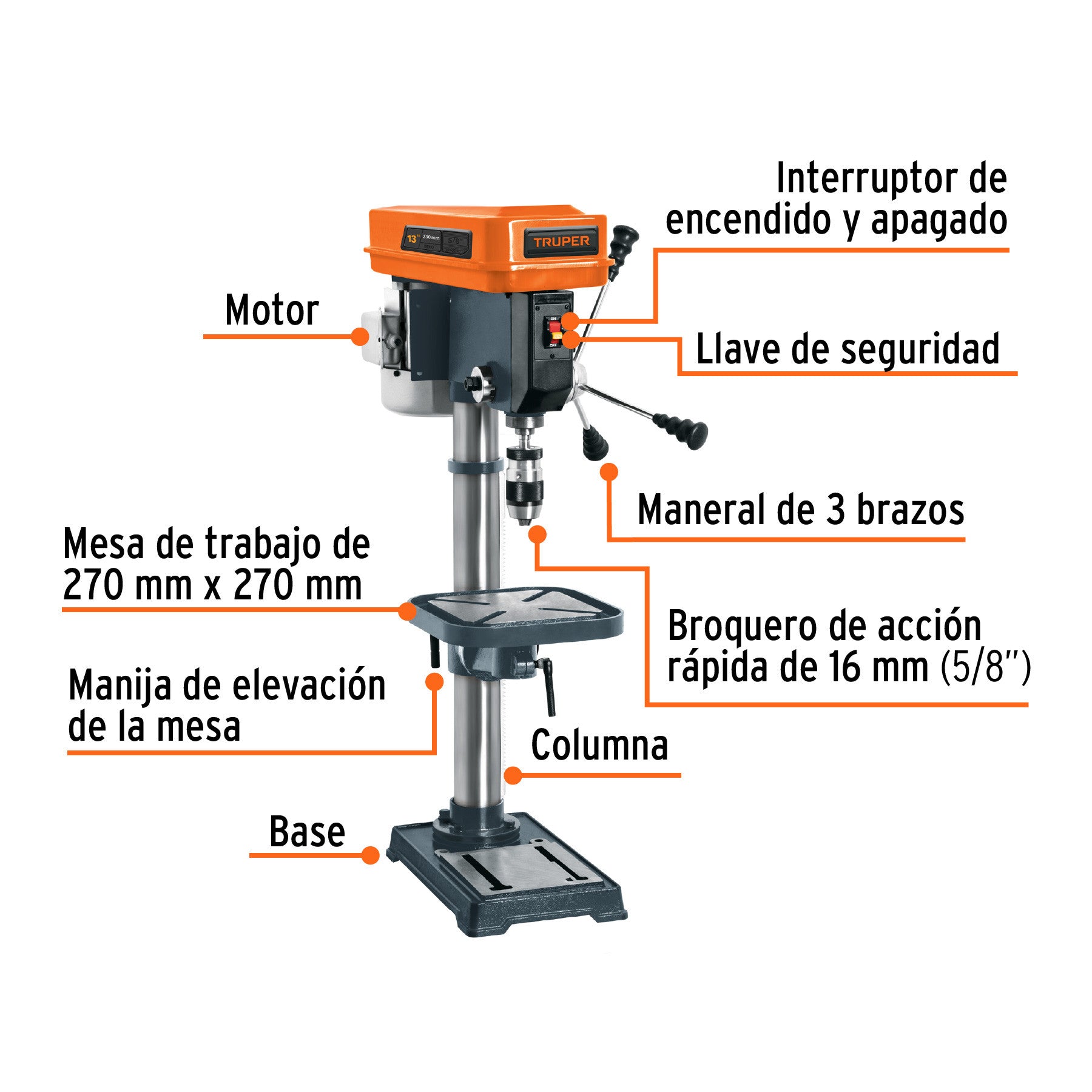 Taladro de piso 13" 3/4 HP (560 W) broquero 5/8" Truper 13", 3/4 HP, 560 W, 5/8"