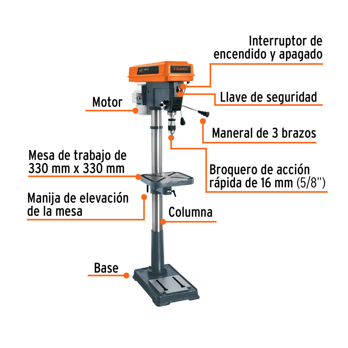 Taladro de piso 17" 1-1/2 HP (1200 W) broquero 5/8"Truper
