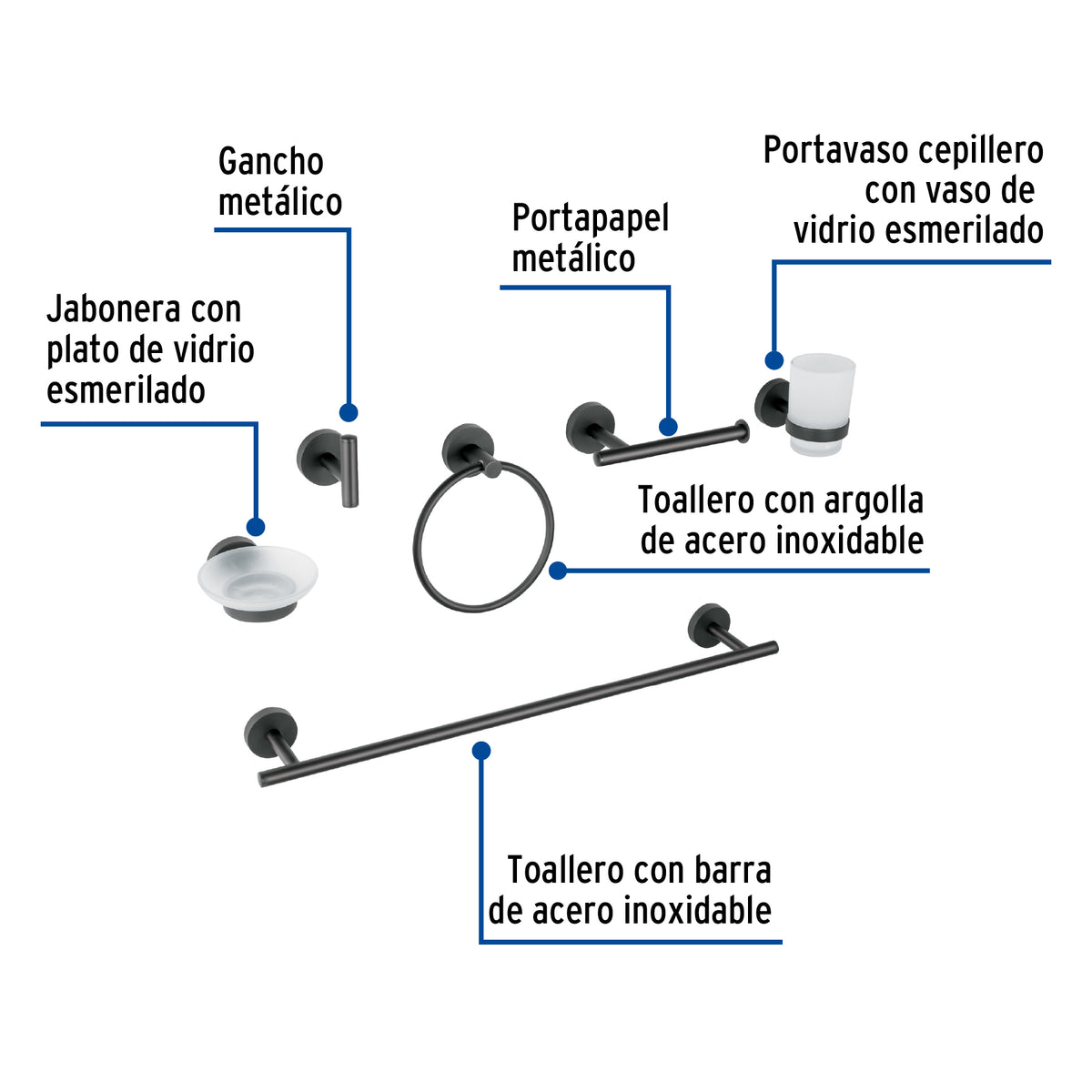 Juego de 6 accesorios para bano acabado FOSET TUBIG negro