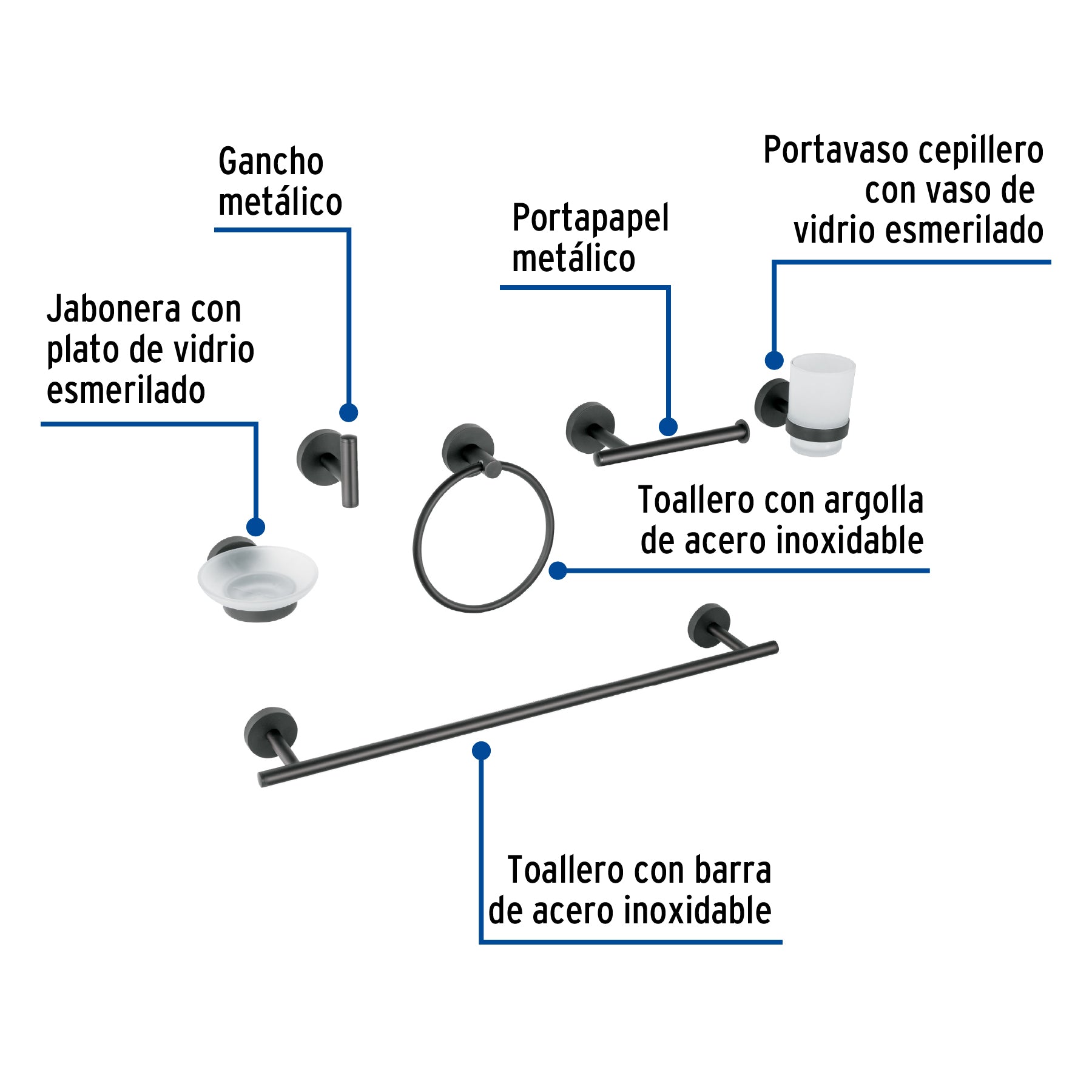 Juego de 6 accesorios para bano acabado FOSET TUBIG negro