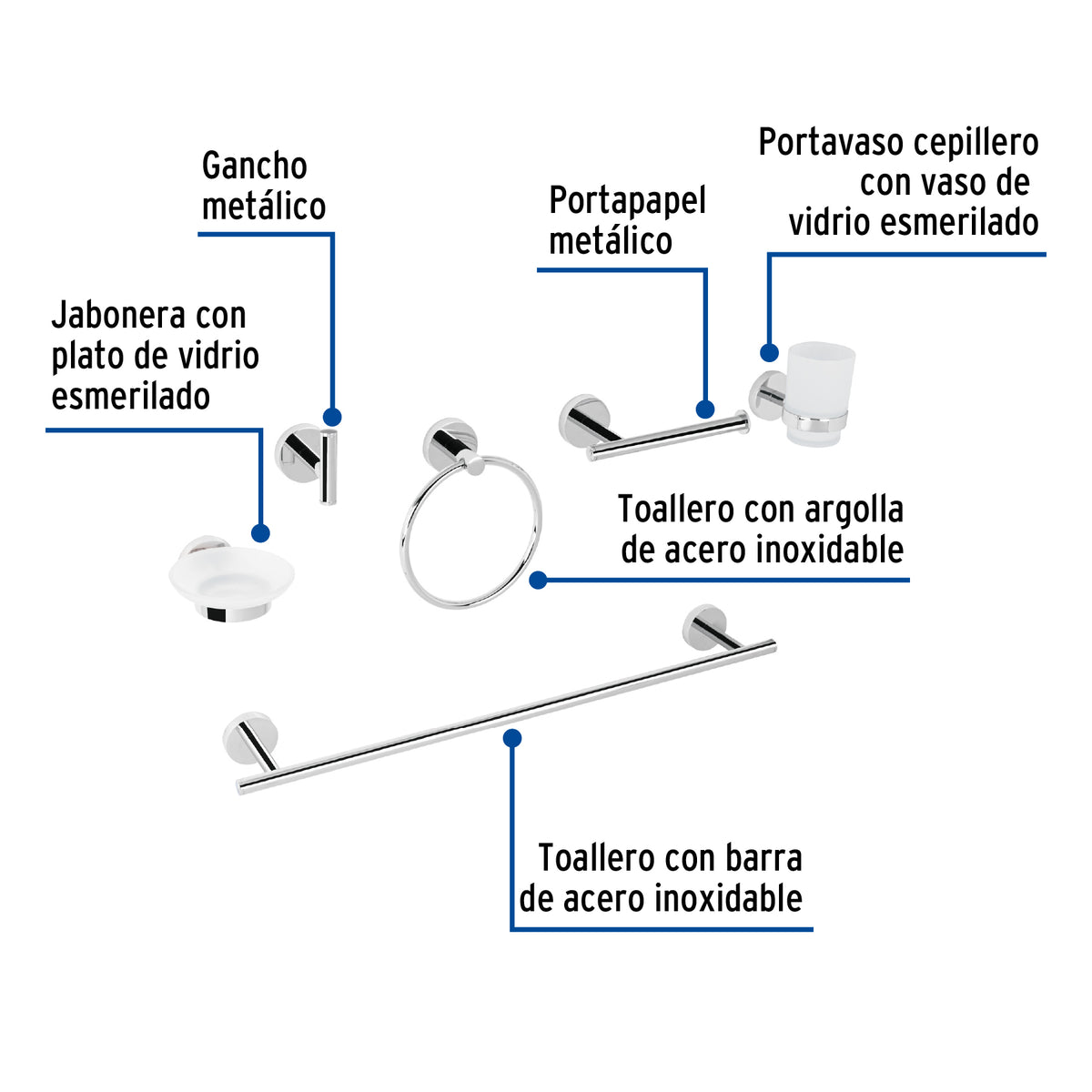 Juego de 6 accesorios para bano acabado FOSET TUBIG cromo