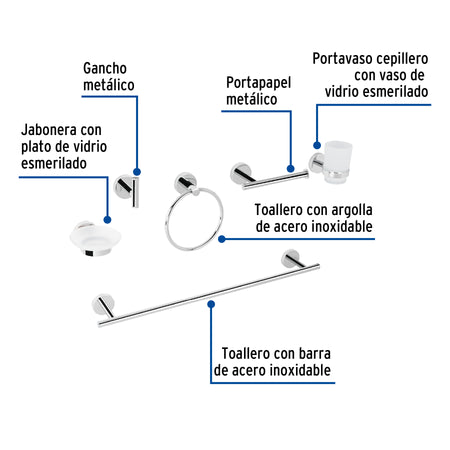 Juego de 6 accesorios para bano acabado FOSET TUBIG cromo