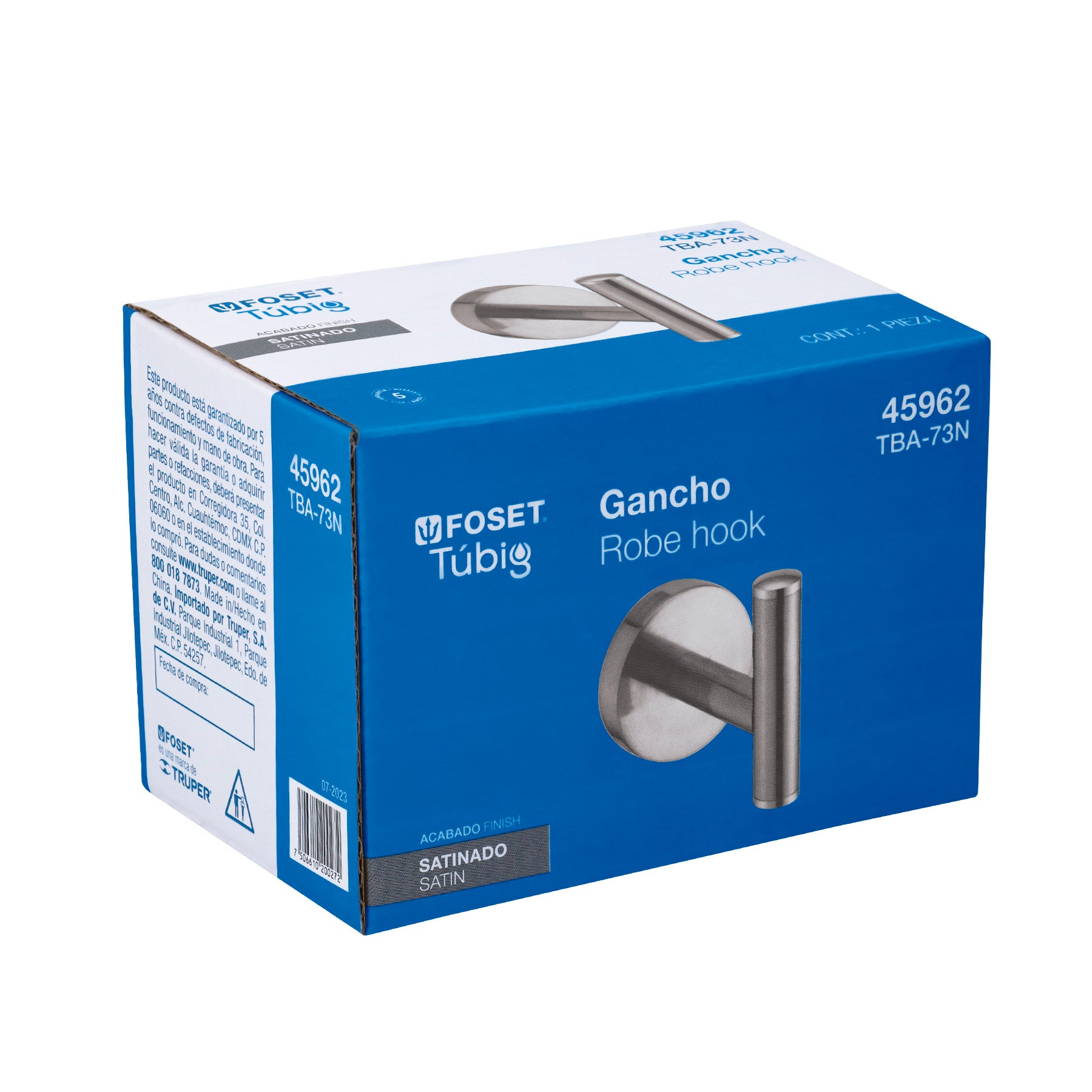 Gancho sencillo metalico acabado satin FOSET TUBIG
