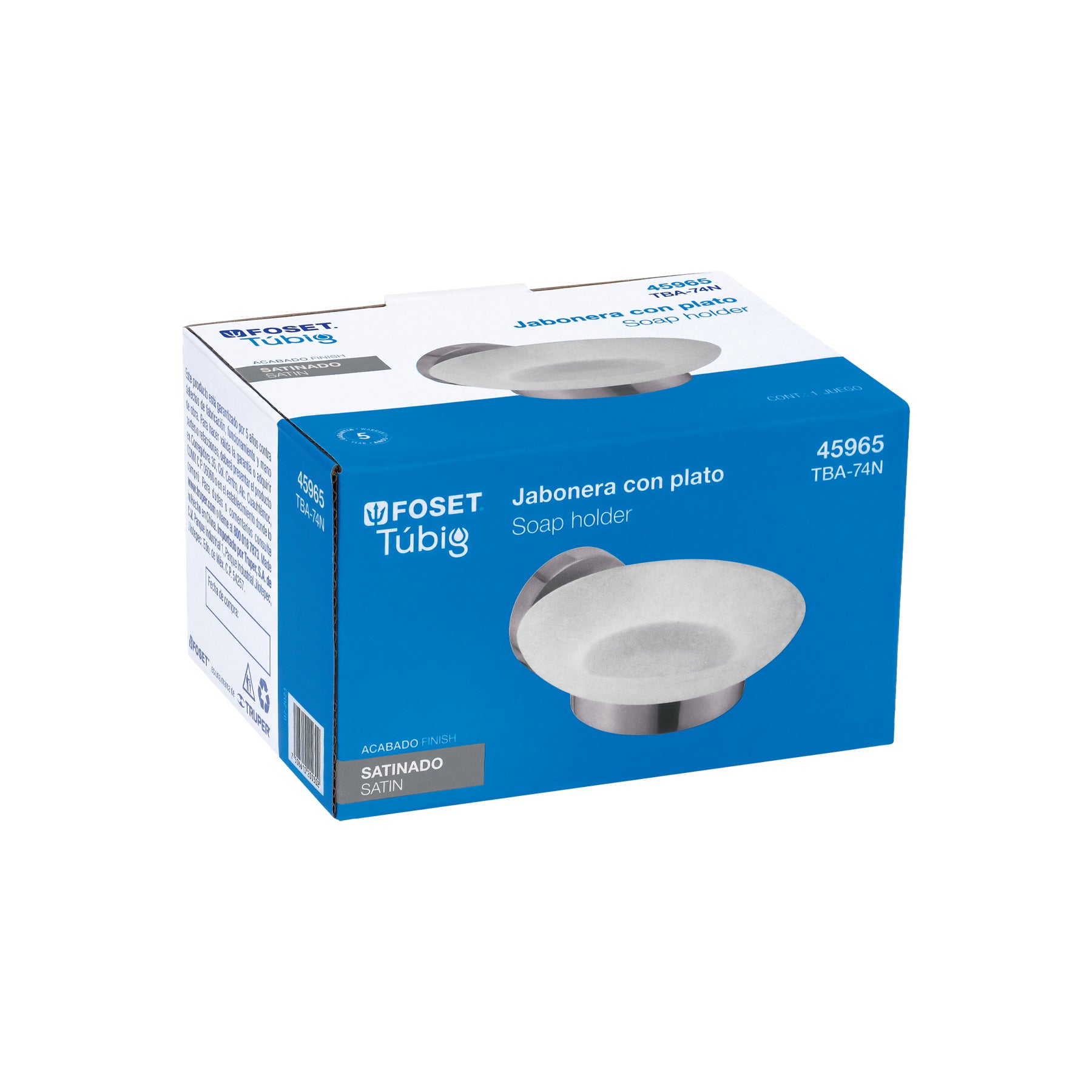Jabonera metálica satín con plato de vidrio, FOSET TÚBIG