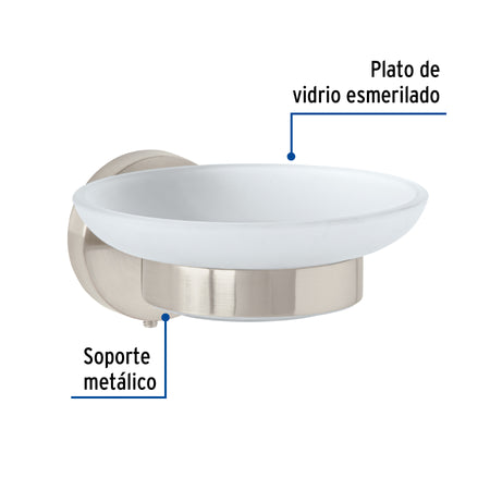 Jabonera metálica satín con plato de vidrio, FOSET TÚBIG