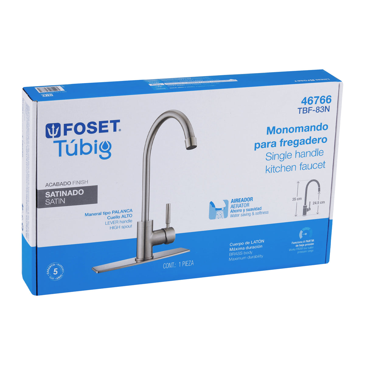 Monomando para fregadero cuello alto satin FOSET TUBIG