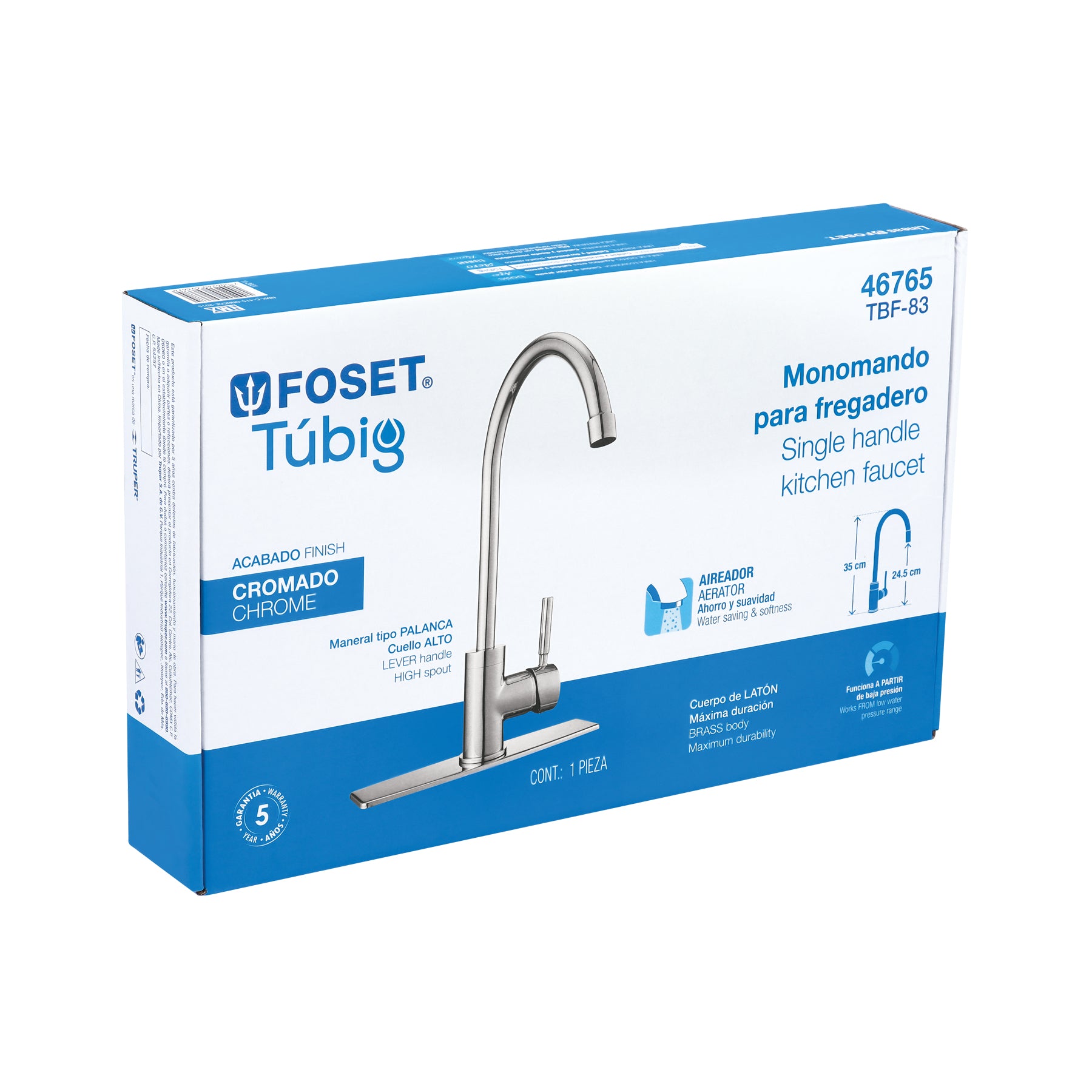 Monomando para fregadero cuello alto cromo FOSET TUBIG