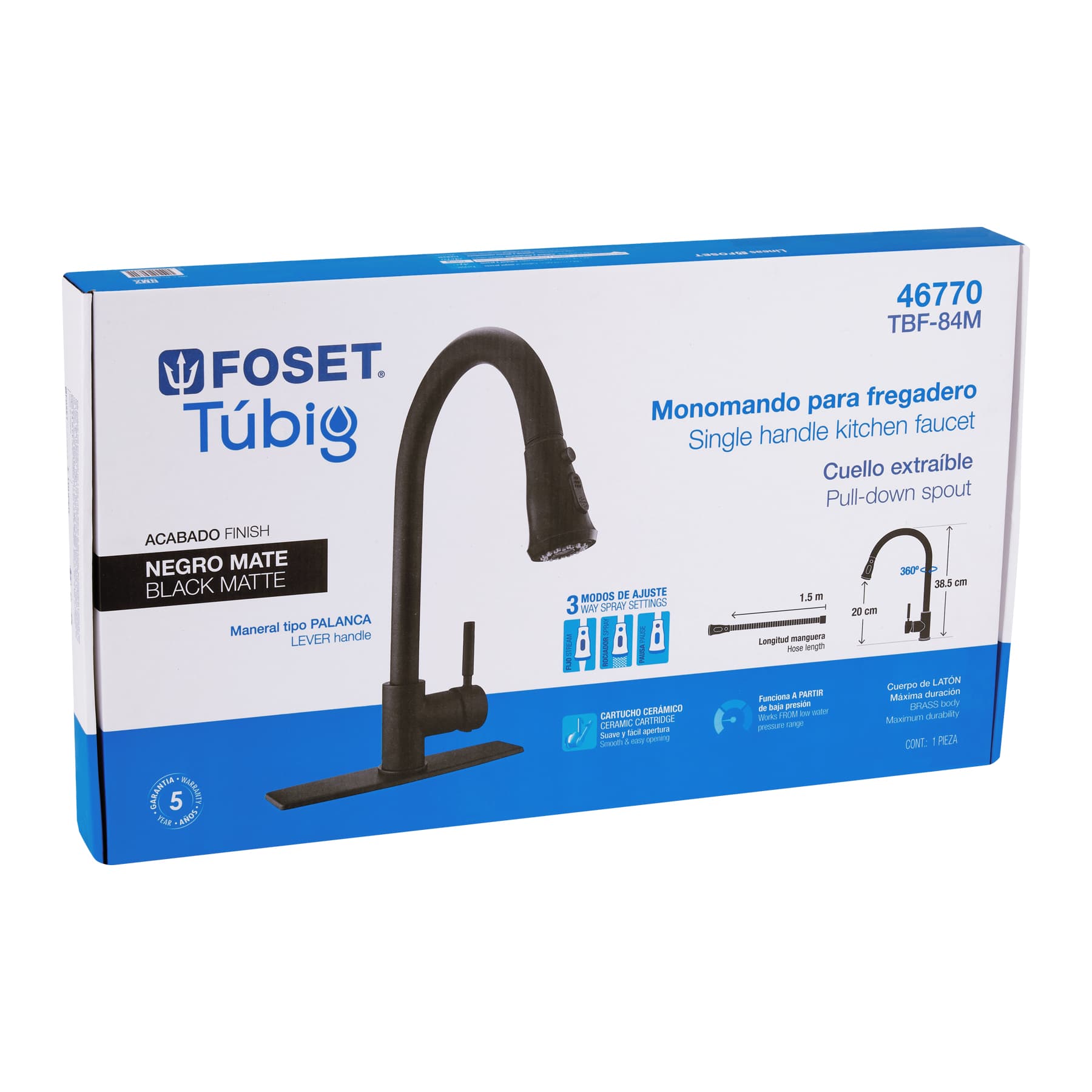 Monomando para fregadero cuello extraiblenegro mate TUBIG