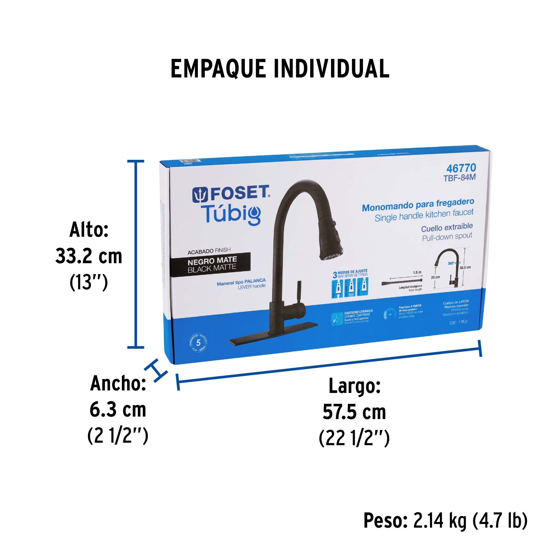 Monomando para fregadero cuello extraiblenegro mate TUBIG