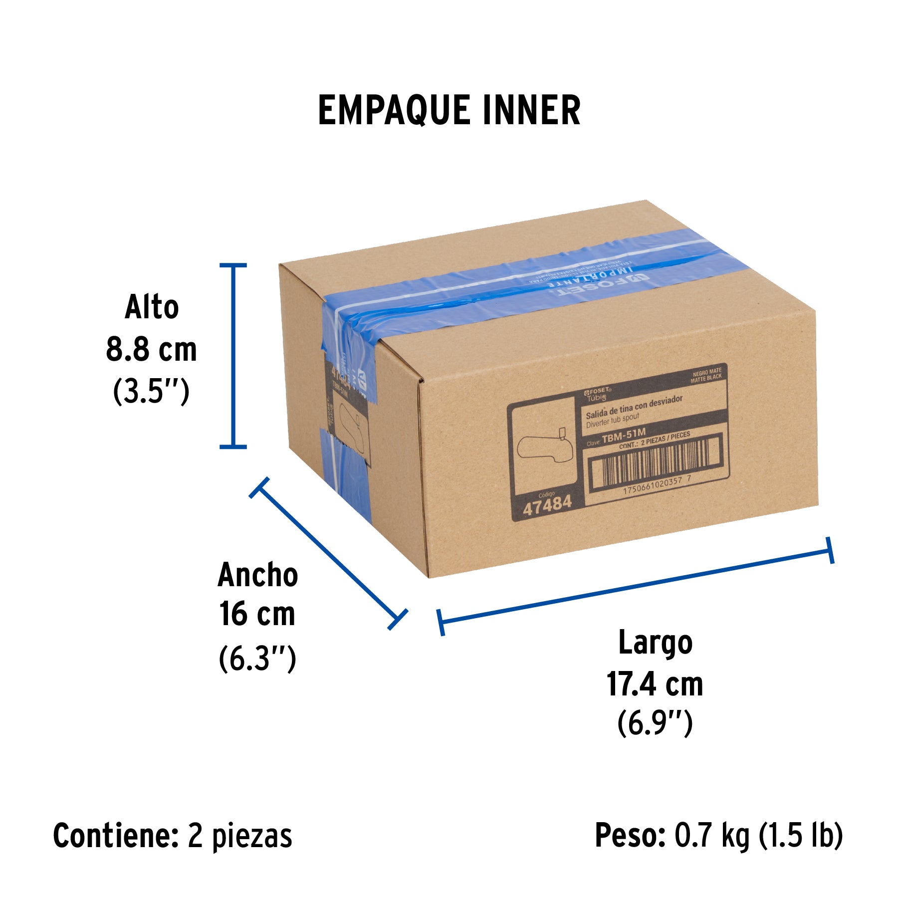 Salida de tina con desviador, negro, FOSET TÚBIG