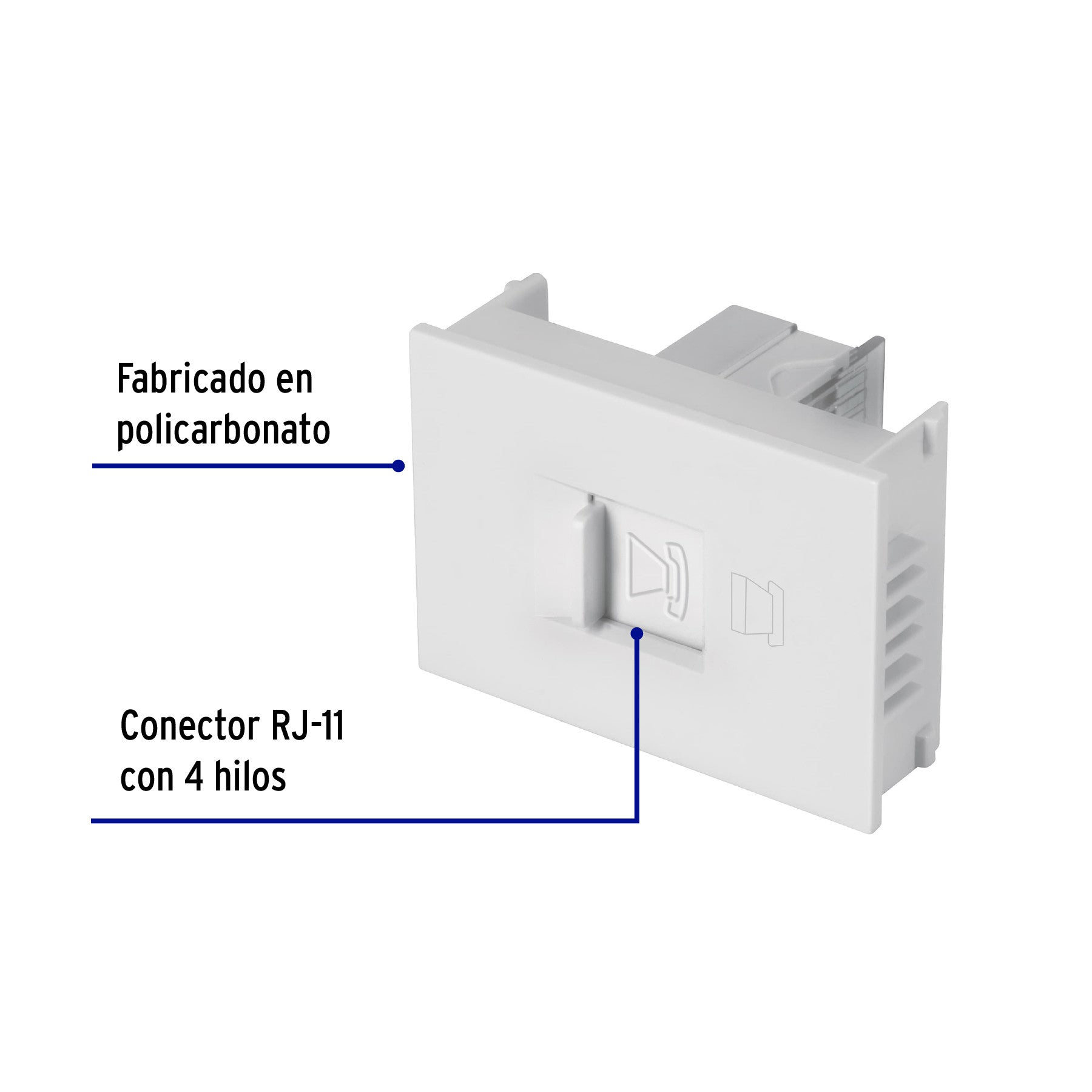 Toma de teléfono, 1.5 módulos, línea Española, color blanco