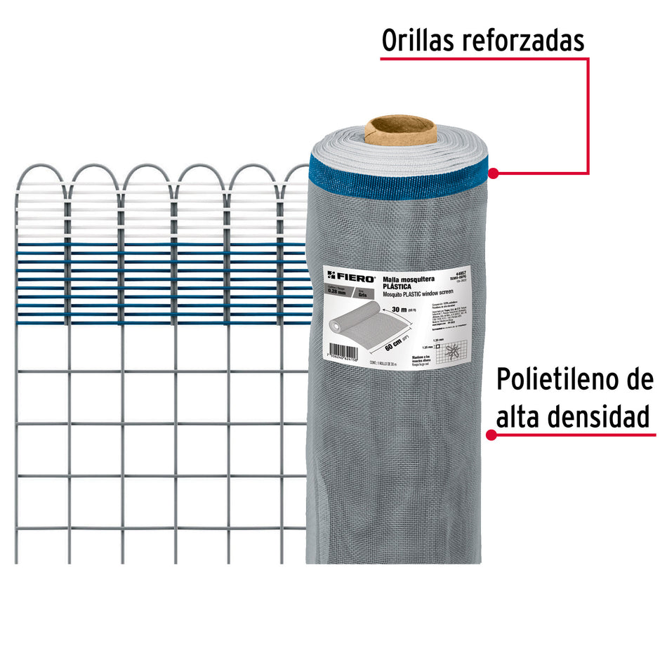 Rollo de 30 m x 0.6 m de malla mosquitera plástica gris 30 m, 0.6 m, gris