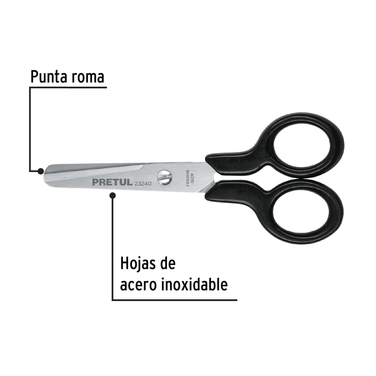 Tijera 4-1/2' escolar, punta roma, acero inoxidable, PRETUL